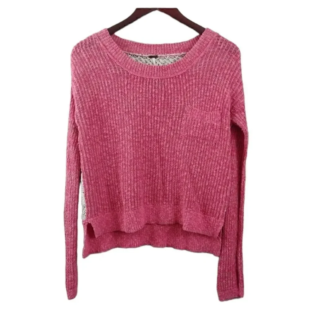 Free People Womens Lace Back Embroidered Sweater Top Pink XS
